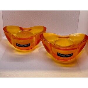 Villeroy & Boch Tri-corner Glass Orange Candle Votives Mid Century Set of 2 VTG
